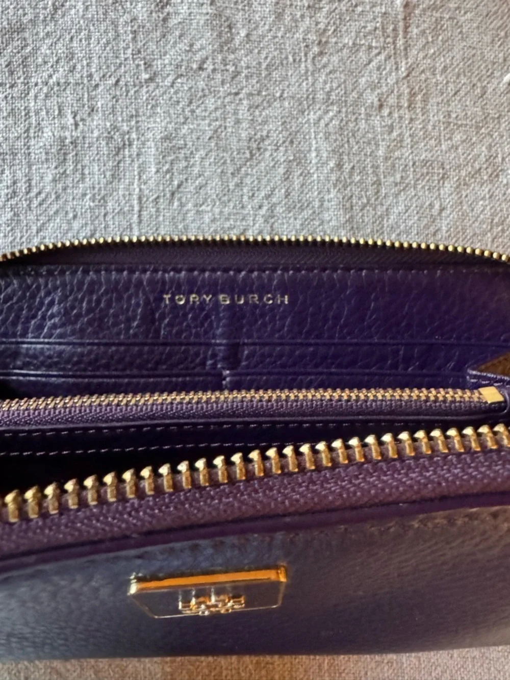 Tory Burch Purple Pebbled Leather Zip-Around Wallet with Gold Logo